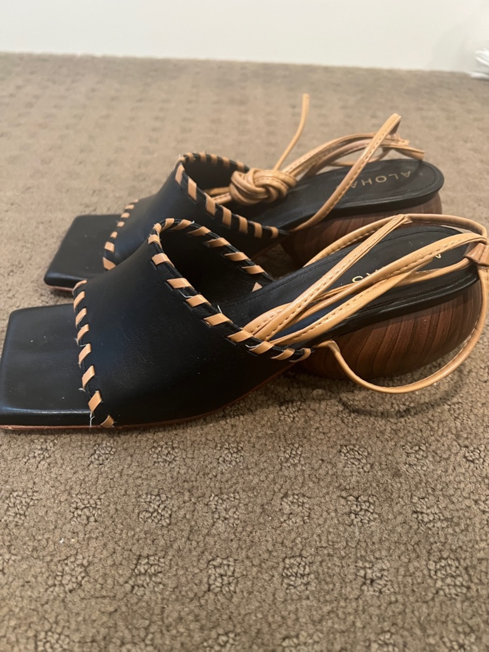 ALOHAS Black Leather Square-Toe Sandals with Tan Braided Lacing - Picture 2 of 4